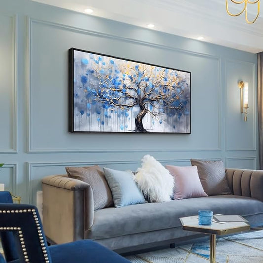 Wapluam Black Framed Canvas Wall Art For Living Room Wall Decor For Bedroom Abstract Office Blue Tree Scenery Wall Pictures Modern Home Decorations Stretched And Framed Ready To Hang Room Artwork
