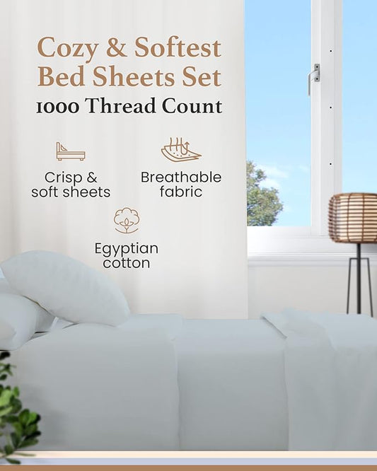 Good Sleep Bedding Queen Sheet Set 1000 Thread Count - 100% Egyptian Cotton Sheets Queen Size Set, 4 Pc Sheets Queen Size Bed Set, Sateen Weave, Soft Queen Size Sheets Deep Pocket 16" - Light Blue