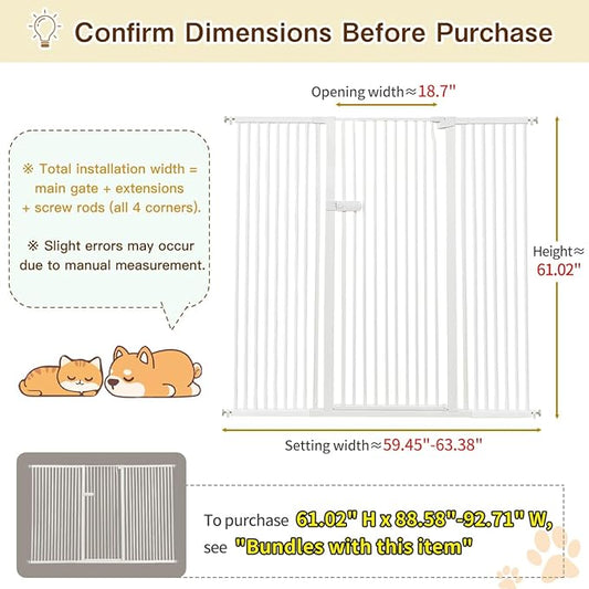 Lumizone Extra Tall Cat Gate 61.02" High Pressure Mounted Extra Wide 2025 New (17 Sizes) 1.37" Gap No Drilling Auto-Close One-Handed Operation Tall Pet Gate for Dogs(White, 61.02" H x 59.45"-63.38" W)