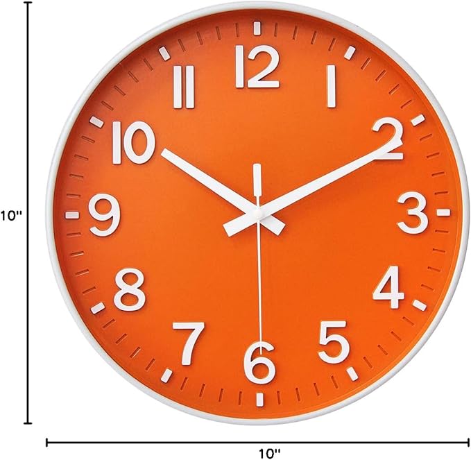 HZDHCLH Wall Clocks Battery Operated,Wall Clock Orange,10 inch Wall Clock Silent Non Ticking Modern 3D Numbers for Kitchen Bedroom Living Room Office Classroom Decor
