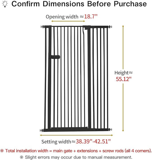 Lumizone Extra Tall Cat Gate 55.12" High Pressure Mounted Extra Wide 2025 New (17 Sizes) 1.37" Gap No Drilling Auto-Close One-Handed Operation Tall Pet Gate for Dogs(Black, 55.12" H x 38.39"-42.51" W)