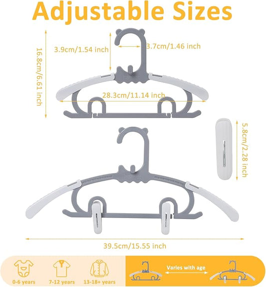20 Pack Baby Clothes Hangers with 16 Clips, 11-15 inch Adjustable Kid Hanger, Multifunctional Children Hangers for Girl Boy Toddler Kids Child(Grey)