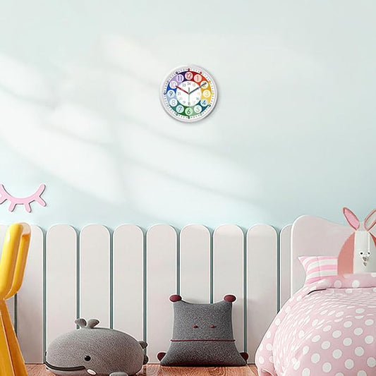 XFM Teaching Clocks Kids Colorful Small Wall Clock Battery Operated 10 Inch Silent Wall Clock Bedroom Analog Clock Teach Kids How Tell Time