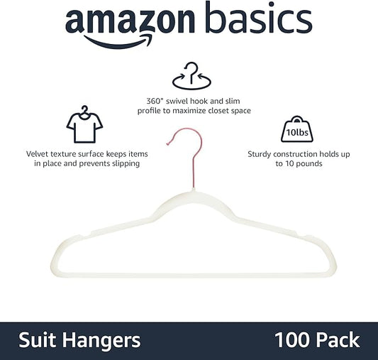 Amazon Basics Slim, Velvet, Non-Slip Suit Clothes Hangers, Ivory/Rose Gold - Pack of 100