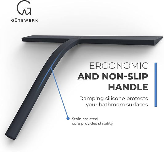 GÜTEWERK Shower Squeegee for Glass Doors, Silicone Window Squeegee, Bathroom and Glass Cleaning - Black - 11 Inch