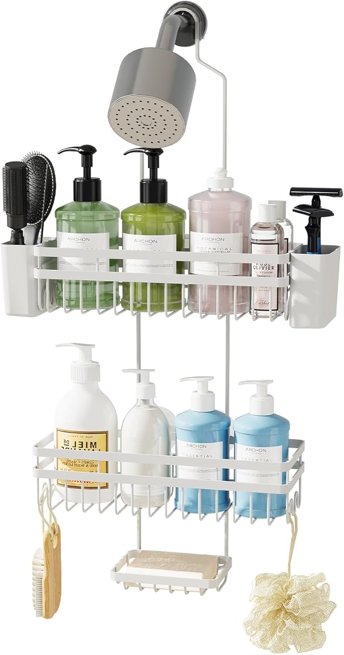 Shower Caddy Hanging for Bathroom Organizers and Storage, Adjustable Anti-Swing Shower Organizer for Wall-Mounted Showerhead with Heavy-Duty Suction Cups, Damage-Free Rustproof (White)