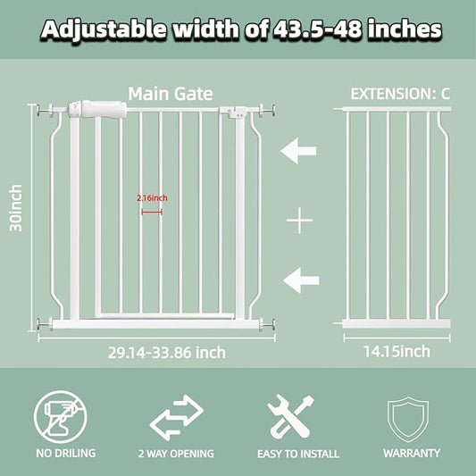 TSAYAWA Walk Through Baby Gate with Door, 43.5-48 Inch Wide Presure Mounted No Drill Metal Auto Close Child Gate for Stair Doorway - Indoor Outdoor Safty Gate for Toddler Dog Doggie, White