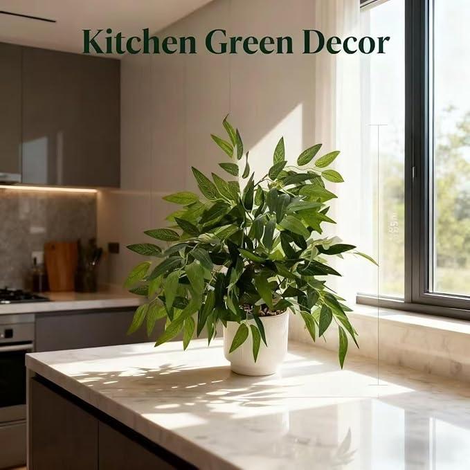 17.7" Fake Willow Plant in White Textured Ceramic Planter Tall Artificial Greenery Faux Plant with Lifelike Leaves Elegant Indoor Plant Decor for Living Room, Office, or Bathroom