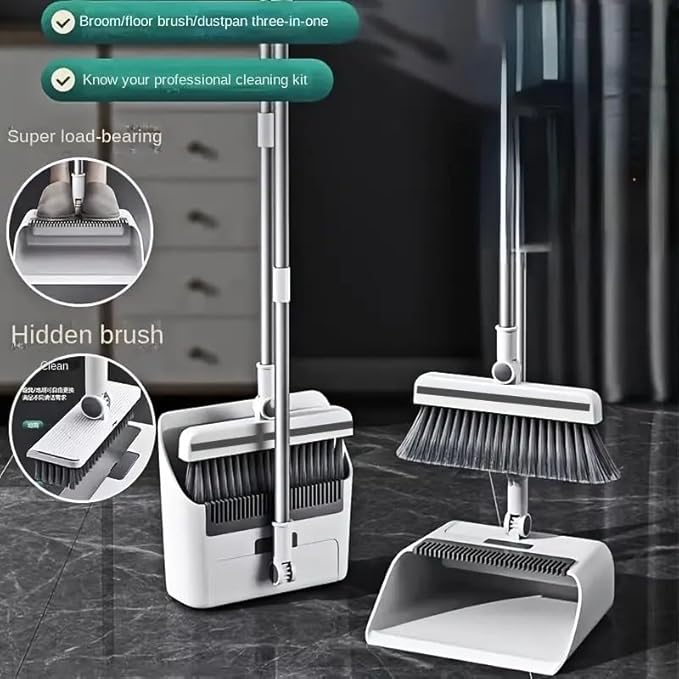 3 in 1Broom and Dustpan Set with Garbage Bags, Broom Dust pan with Long Handle, for Home, Broom with Dustpan Combo Set, for Home Office School Dorm, Cleaning Supplies, Household Cleaning Gadgets