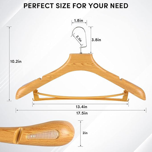 DEDU Suit Hangers for Men 20 Pack Width 17.5", Coat Hangers No Shoulder Bump Non Slip for Thick Sweaters, Plastic Extra Wide Shoulder with Pants Bar & Metal Hook (Natural)
