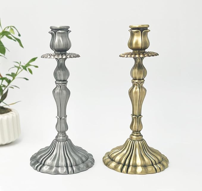 Taper Candle Holders, Brass Candle Holders, Vintage Candlesticks for Dining Table, Wedding, Party, Home Decor, Set of 2 (Antique Brass)