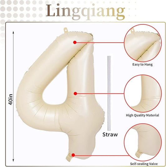 Cream 4 Balloons, 40 Inch Large Beige Foil Number Balloons Set 0-9, Self Inflating White Sand Digital 4 Helium Balloon for Boys Girls Women Birthday Anniversary Party Decorations Photo Shoot Supplies