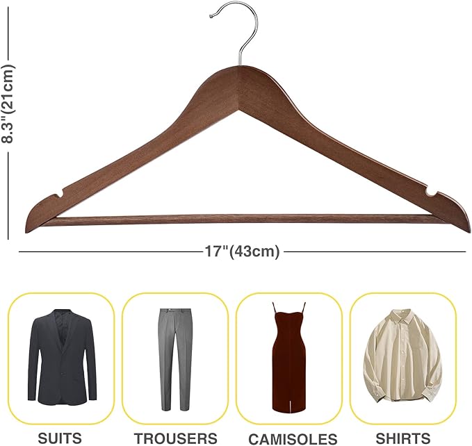 Wooden Hangers - 60 Pack - Clothes Hanger for Daily Used,Heavy Duty Wood Hangers with Precisely Cut Notches,Coat Hanger for Closet, Clothes Hangers for Shirt Suit Dres(Walunt)