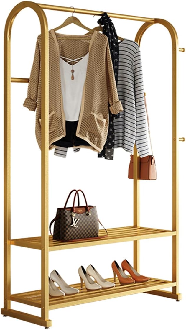 Gold clothing rack,Heavy duty clothes rack with shelves,Metal garment rack for hanging clothes,Wardrobe rack for Boutique, Retail or Home