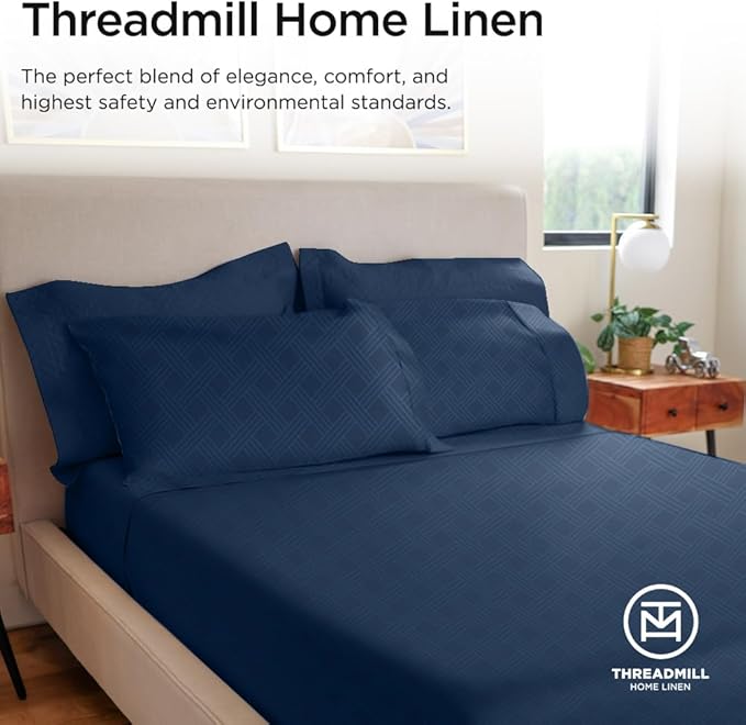Threadmill Twin Sheets for Twin Mattress | 800 Thread Count Jacquard Folkstone Blue Sheets | 100% Cotton 3 Piece Bed Sheets | Extra Long Staple Cotton | Cotton Sheet with Elasticized Deep Pocket