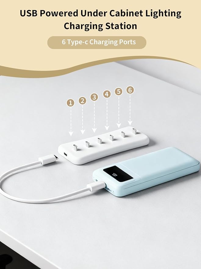 USB Under Cabinet Lighting Charging Station with 6 Type-c Charging Ports, Portable Motion Sensor Light Indoor Multi-Light Storage & Charging Base, Reduction in Recharge Duration