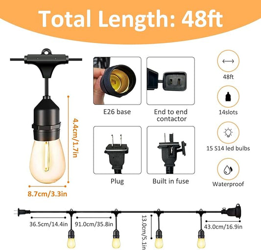 48FT LED Outdoor String Lights for Patio, 15 Shatterproof S14 Vintage Edison Bulbs (1 Spare), Waterproof Hanging Lights for Backyard, Porch, Garden, Bistro, Balcony Lights, Christmas Decor