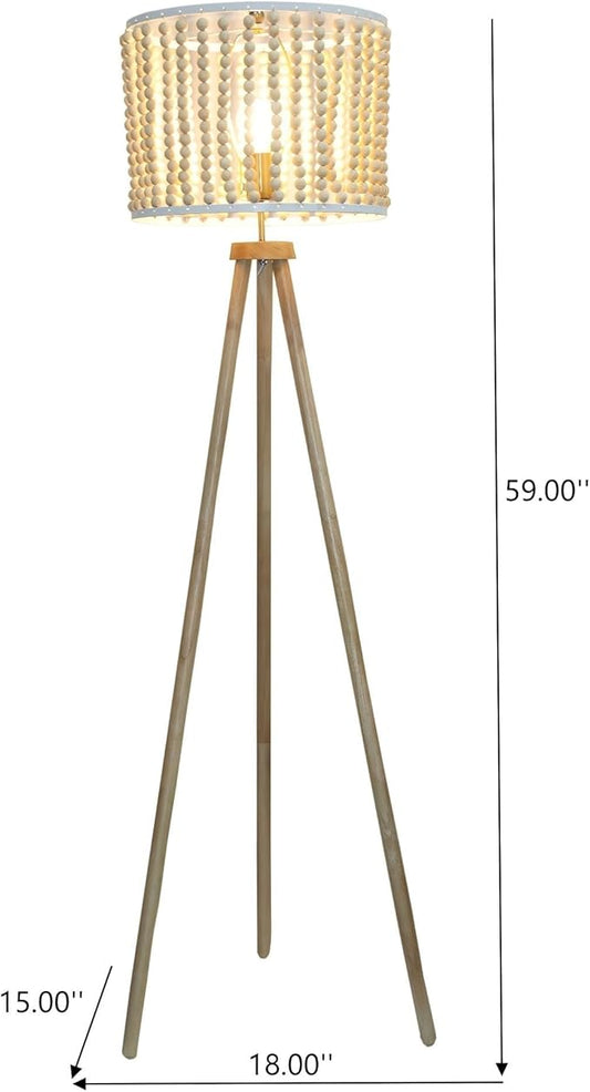 Modern Farmhouse Tall Lamps for Bedroom Office Birch Wood Beaded Table Floor Lamp Three Legged Floor Lamp for Living Room, Bedside, Study Room