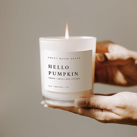 Sweet Water Decor Hello Pumpkin Candle - Fall Soy Candles with Pumpkin, Warm Spices, Vanilla and Buttery Pie Crust - Pumpkin Candles for Home with 50 Hours Burn Time - 11oz Wood Lid White Jar Candle