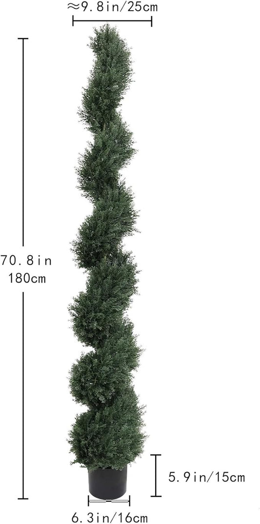 THE BLOOM TIMES 6ft Spiral Artificial Topiary Trees Set of 2, 71 inch Faux Cedar Trees for Outdoor Planters - Fake Twist Cypress Plants for Garden Front Porch Indoor Outside Christmas Decor 6 Foot