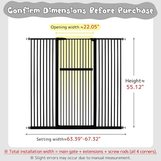 Lumizone Extra Tall Pet Gate 55.12" High Pressure Mounted 63.39"-67.90" Extra Wide (9 Sizes) 1.37" Gap for Cat Dog Stairs Doorway Hallway No Drilling Auto-Close (63.39"-67.90" W, Black)