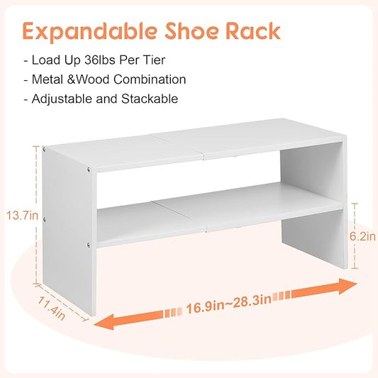 2-Tier Expandable White Shoe Rack Organizer for Closet, Stackable Shoe Rack Storage Shelf, Small Iron Wood Combination Shoe Shelves for Closets,Entryway,Front Door, Narrow Space,Hallway,6-12 Pairs