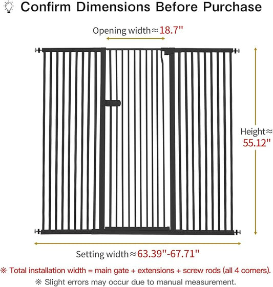 Lumizone Extra Tall Cat Gate 55.12" High Pressure Mounted Extra Wide 2025 New (17 Sizes) 1.37" Gap No Drilling Auto-Close One-Handed Operation Tall Pet Gate for Dogs(Black, 55.12" H x 63.39"-67.71" W)