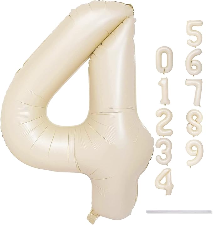 Cream 4 Balloons, 40 Inch Large Beige Foil Number Balloons Set 0-9, Self Inflating White Sand Digital 4 Helium Balloon for Boys Girls Women Birthday Anniversary Party Decorations Photo Shoot Supplies