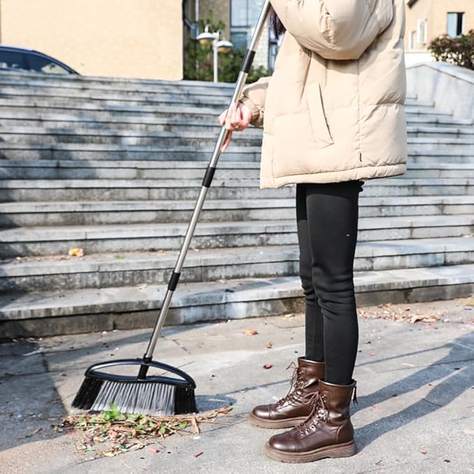 15.7" Wide Angle Heavy Duty Broom, All-Surface Outdoor Sweeper with Long Handle & Stiff Bristles for Patio, Garage, Yard (Black)