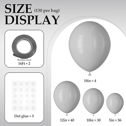 130PCS PastelGrey Balloons, Latex Balloon Different Sizes 18/12/10/5 Inch, Helium Balloons with Ribbon, Party Balloon Set for Birthday Wedding Graduation Anniversary Baby Shower Decoration