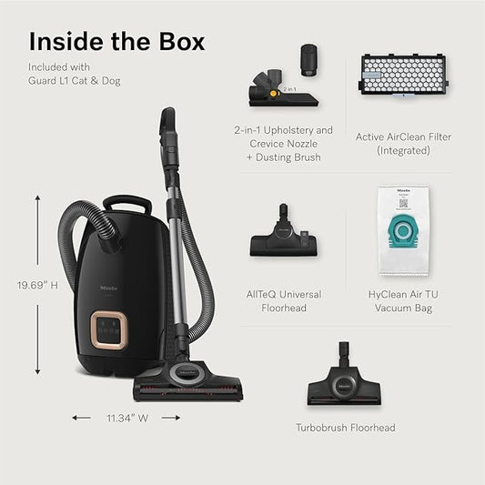 Miele New Guard L1 Cat & Dog Bagged Canister Vacuum for Pet Owners with Odor-Reducing Active AirClean Filter, TurboTeQ Floorhead, and AllTeQ Universal Floorhead, in Obsidian Black/Rose Gold