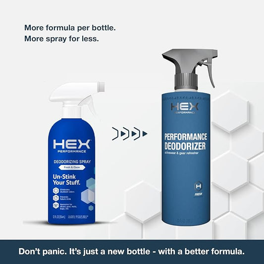HEX Performance Deodorizing Spray, Fresh, 44oz (Pack of 2) - Awesome for Shoes, Gear, Activewear & Fabrics, Yoga Mats & Gym Equipment, Carpet, Pets, Odor Eliminator & Fabric Refresher Spray