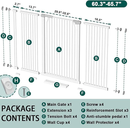 Fairy Baby 40.5" Extra Tall Pet Gate for Doorway, 60.3"-65.7" Extra Wide Dog Gate for Stairs, Metal Auto Close Safety Child Toddler Gate, Pressure Mounted Easy Walk Through Baby Gate with Door, White