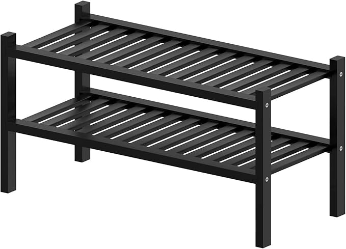 RONGJlA 2 Tier Bamboo Shoe Rack for Closet Free Standing Wood Shoe Shelf Storage Organizer for Entryway Small Space Stackable, Black