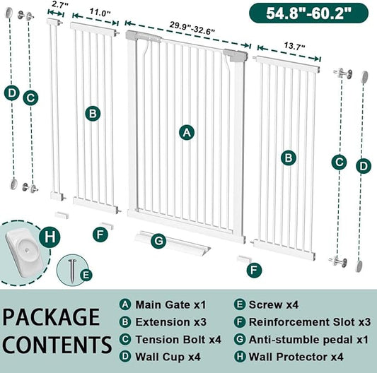 Fairy Baby 40.5" Extra Tall Baby Gates for Doorways, 54.8"-60.2" Extra Wide Dog Pet Gate for House, Metal Pressure Mounted Walk Through Baby Gate, No Drill Safety First Child Gate for Doorways, White