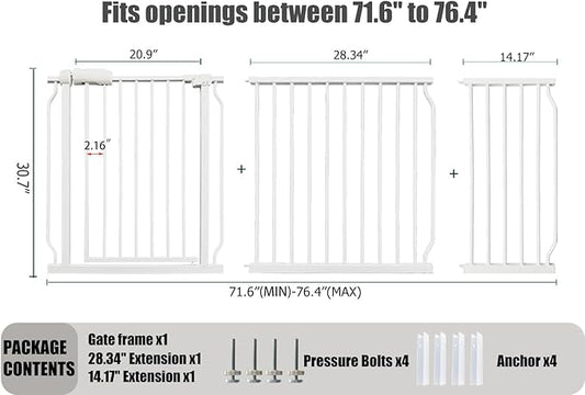 Extra Wide Baby Gates - 71.6-76.4 Inch, Heavy Duty Baby & Pet Safety Gate, White Metal, Tension Mounted Child & Pet Gates for Stairs & Doorways