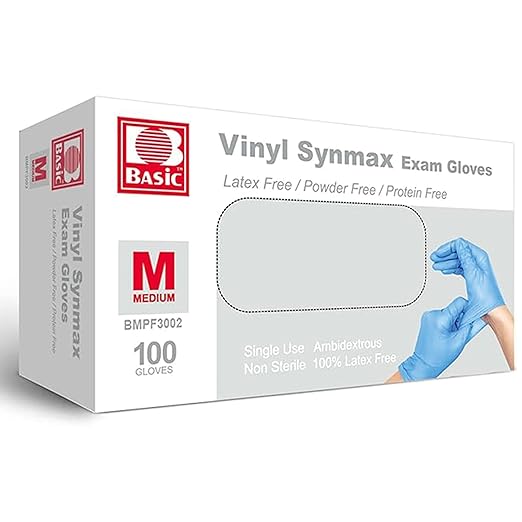 Jointown Basic Medical Synmax Vinyl Exam Gloves - Latex-Free & Powder-Free - Medium, BMPF-3002(box of 100,Blue)