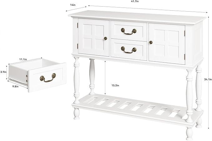 Console Table with Drawers, White Vintage Entryway Tables with Storage and Shelf, Hallway Table with Turned Legs, Narrow Behind Couch Sofa Table for Entryway, Hallway, Living Room