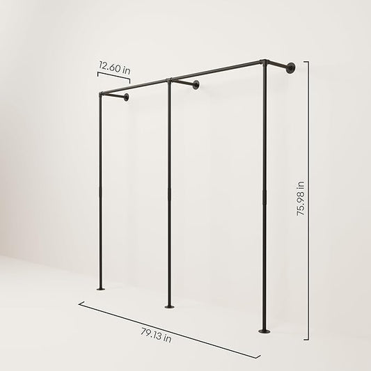 pamo Industrial Pipe Clothing Rack - 440 lbs Capacity - Wall Mounted Clothes Rack and Walk In Closet for Wardrobe