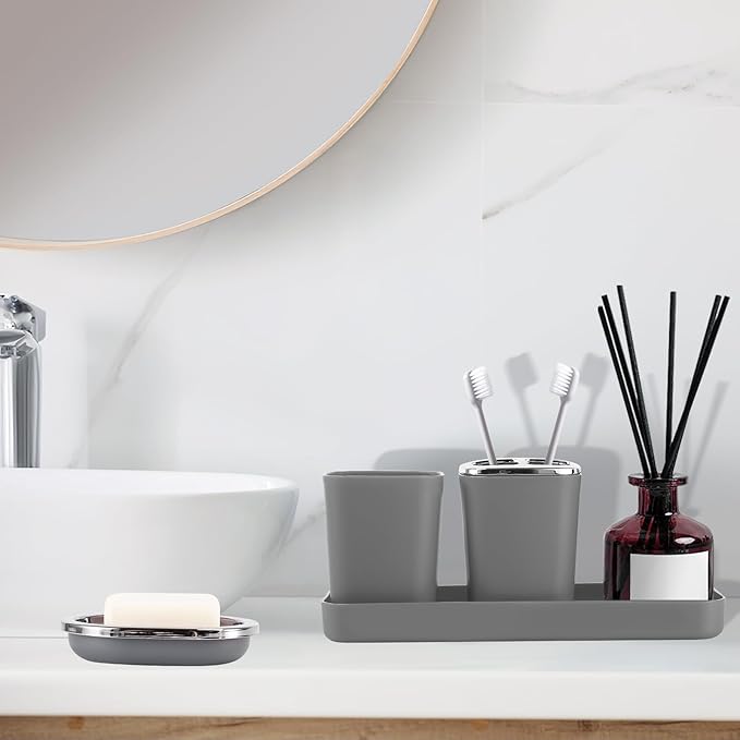 Grey Bathroom Accessories Sets Complete, 9-Piece Bathroom Accessories with Trash Can, Vanity Tray, Soap Dispenser, Soap Dish, Toothbrush Holder, Toothbrush Cup, Toilet Brush and Qtip Holders