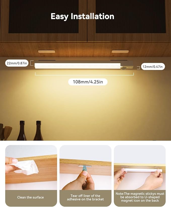 Under Cabinet Lighting 4 Inches Rechargeable Motion Sensor Light Indoor, 3 Color Dimmable Closet Light Battery Operated, USB Stick on LED Magnetic Under Counter Lights for Kitchen Stair,12 Packs