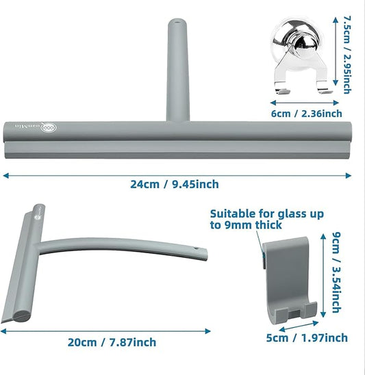 9 Inch Rounded Shower Squeegee with Hook & Suction Cup | Stainless Steel Core Silicone Wiper for Glass, Ceramic Doors & Windows - Grey Multi-Use Tool