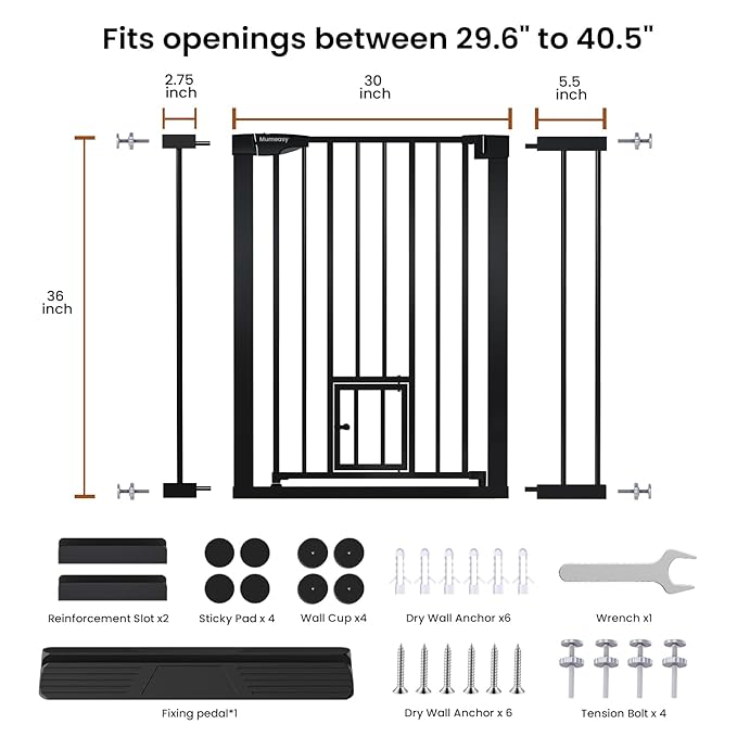 Mumeasy 36" High Extra Tall Baby Gate with Cat Door, 29.6"-40.5" Wide Pressure Mounted Dog Gate with Small Pet Door, Auto Close Pet Gate for House,Stairs,Doorways,Black