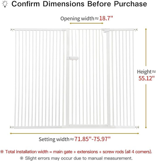 Lumizone Extra Tall Cat Gate 55.12" High Pressure Mounted Extra Wide 2025 New (17 Sizes) 1.37" Gap No Drilling Auto-Close One-Handed Operation Tall Pet Gate for Dogs(White, 55.12" H x 71.85"-75.97" W)