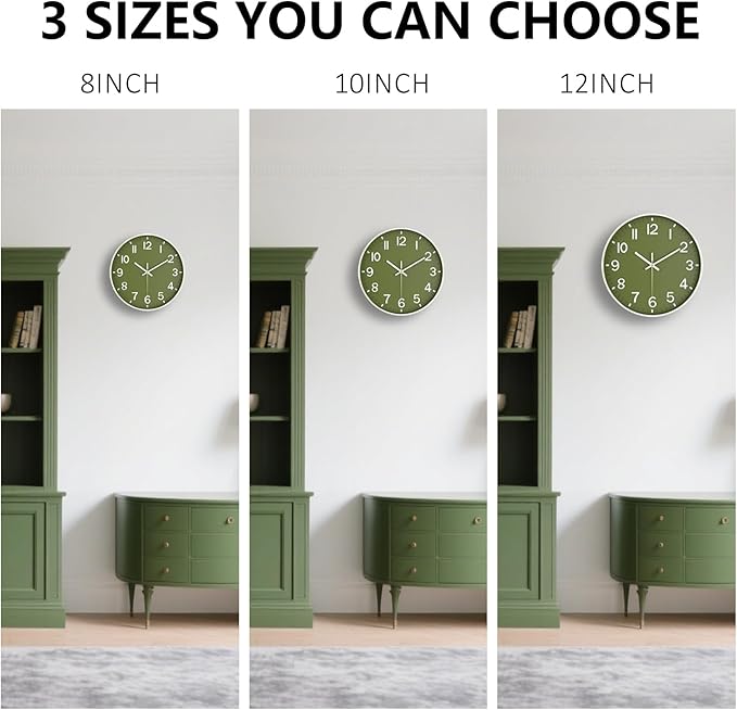 Wall Clock, 8 Inch Wall Clocks Battery Operated, Modern Non Ticking Silent Digital Analog Small Wall Clock for Bedroom Living Room Kitchen Office Gym Classroom Outdoor Clocks, Olive Green