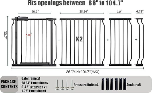 Heavy Duty Baby & Dog Safety Gate 86-104.7 Inch, Black Metal, Pressure Mounted No Drilling Pet Gate for Large Openings