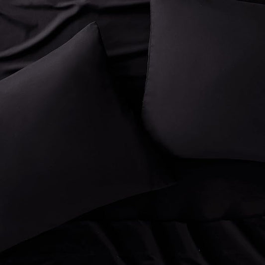 Serta Simply Clean Super Soft Hypoallergenic Stain Resistant Deep Pocket 4 Pieces Solid Bed Sheet Set, Queen, Black