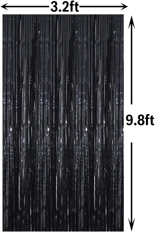 GOER 3.2 ft x 9.8 ft Metallic Tinsel Foil Fringe Curtains Party Photo Backdrop Party Streamers for Halloween,Birthday,Graduation,New Year Eve Decorations Wedding Decor (3 Packs,Black)
