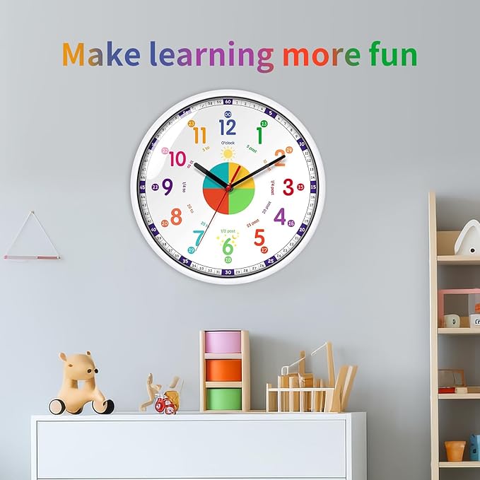 Wall Clock for Kids with Silent Non Ticking Sweep Quartz Mechanism - Easy to Read & Learn to Tell Time,Quiet Child Wall Clock Perfect for Parents and Teachers, Kids Bedroom or Classroom / 12 Inch