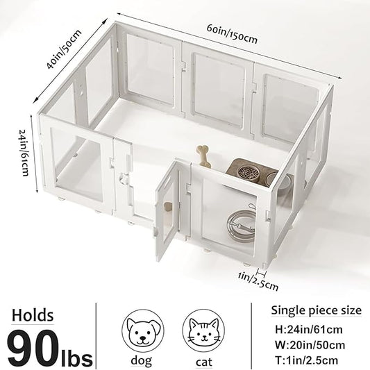 Clear Acrylic Dog Playpen Indoor, Puppy Cat Small Pet Play Pen, Easy Assemble & Disassemble Sturdy Plastic Dog Fence with Heavy Duty Door Lock (24In H, 10PCS), White